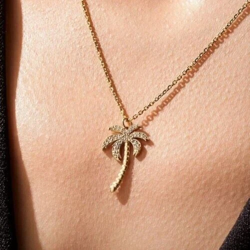 1.00Ct Round Simulated Diamond Palm Tree Pendant Necklace 14K Yellow Gold Plated