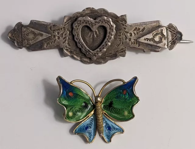 2 Antique Brooches Victorian Silver Sweetheart & Gold Filigree Enamel Butterfly