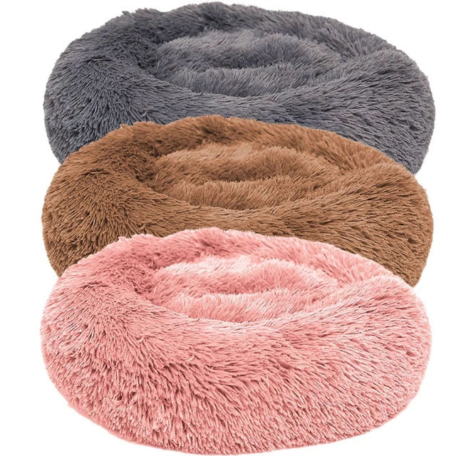 Soft Warm Plush Round Donut Pet Dog Cat Bed Fur Cuddler Puppy Calming Bed Kennel