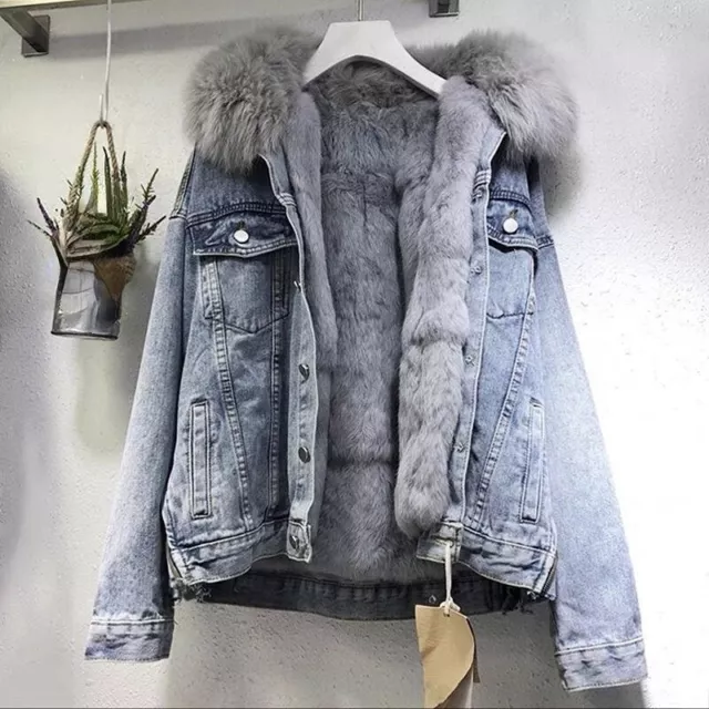 Women Fleece Lined Denim Jacket Coat Faux Fur Collar Button Winter Warm Outwear