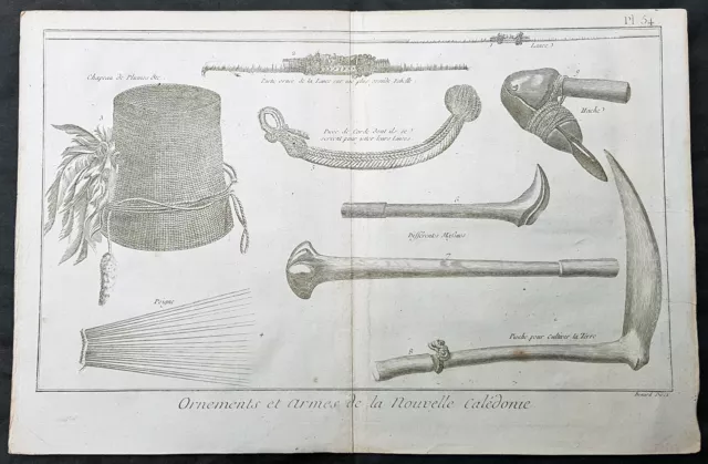 1778 Capt Cook Visits New Caledonia in 1774 - Antique Print Tools, Weapons, Hats
