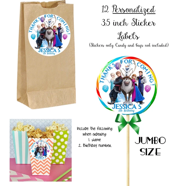 12 FROZEN PERSONALIZE JUMBO STICKERS for Lollipops, goody bags