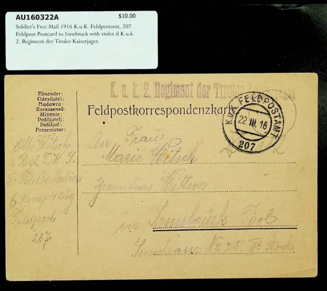 Österreich 1916 WWI SOLDATEN Gratis Post Feldpost Karte Sich Innsbruck W/Cachet