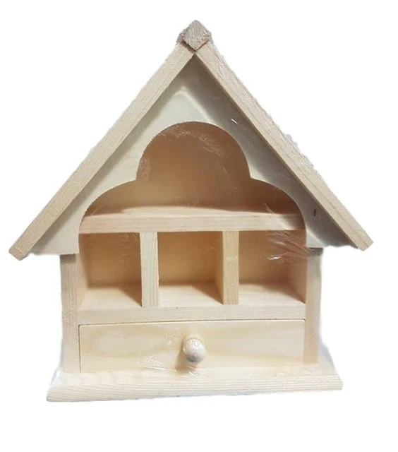 Maison En Bois à Décorer 6,7x6,7x10,8 Cm - Petit Tiroir, Déco Personnalisable, Photophore LED - 11