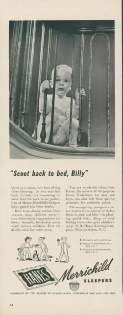 1944 Hanes Merrichild Sleeper Pajamas Boy Peeking Down Railings Vtg Print Ad L23