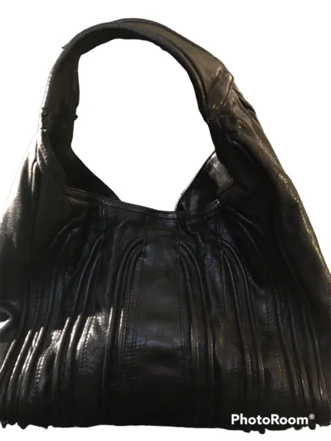 Treesje Black Leather Piping Hobo Purse Handbag Designer RARE