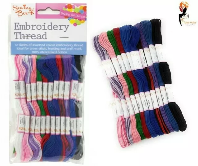 12 x Skeins Coloured Embroidery Thread Cotton Cross Stitch Craft Sewing 151019UK