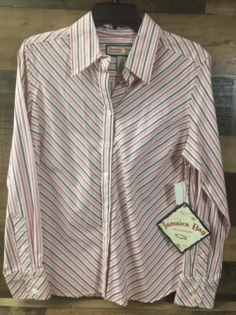 Women JAMAICA BAY Candy Stripe Button Down Stretch Blouse Shirt Size Medium