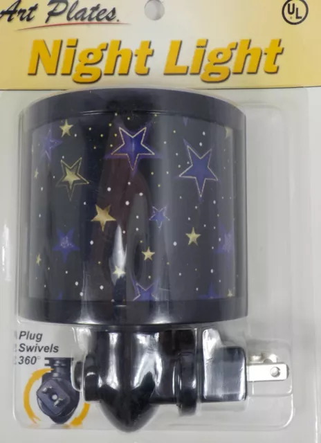 Art Plates Night Light Night Sky White Yellow Blue Stars 360 Swivel Plug In Nip