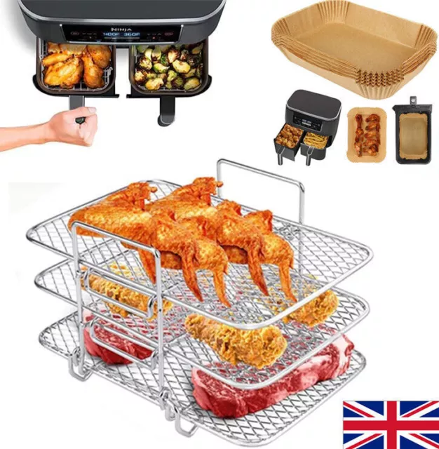 3-Tier Air Fryer Rack Stainless Steel Grill for Ninja Tower / 100Pcs Paper Liner