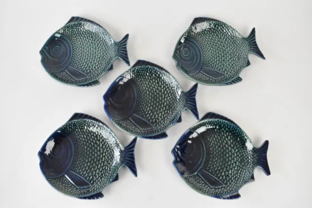 Vintage Olfaire Majolica Blue Fish Plates Portugal 5162 Set Of 5