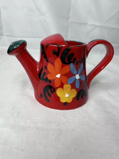 Vintage Italian Pottery Watering Can Vase Hand Painted Red Floral 7" Tall