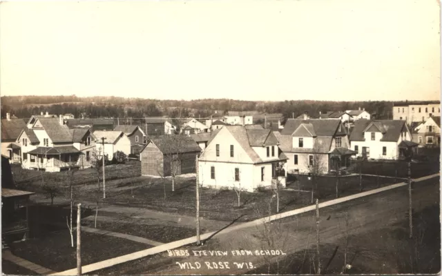 WILD ROSE, WI BIRDS EYE VIEW antique real photo postcard rppc WISCONSIN c1910