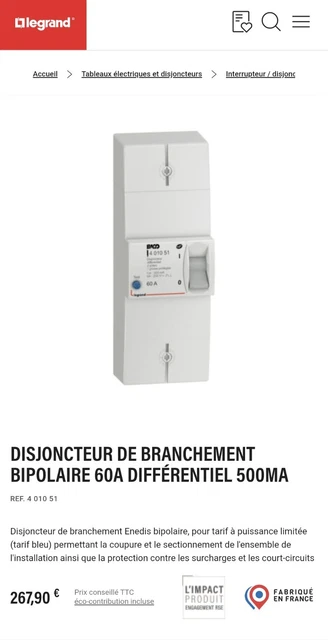 Legrand - 401052 - Disjoncteur branchement Enedis bipolaire non différentiel 60A non réglable