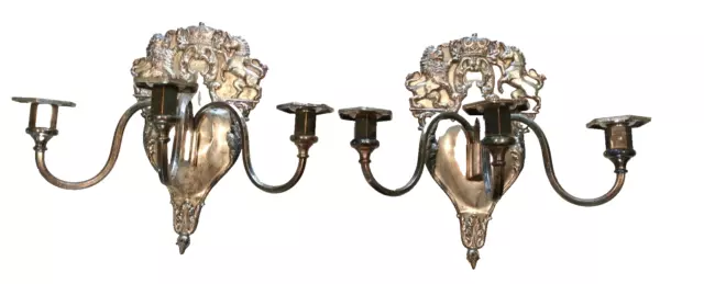 PAIR....E F Caldwell 3-Armed Silver Plate Royal Sconces For King Charles!