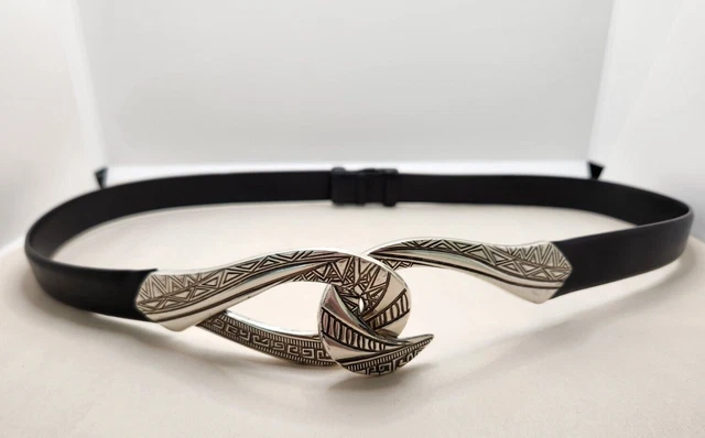 Chicos Black Leather Belt Silver Tone Hook Buckle Size SM
