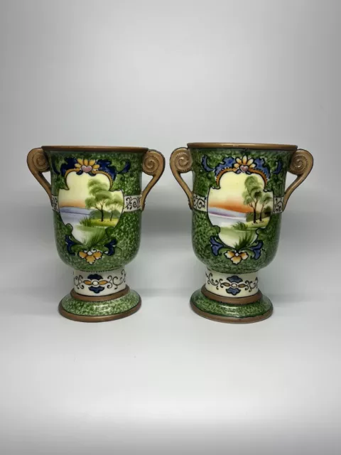 Pair of Antique Noritake Hand Painted Porcelain Vases Japan 1920s