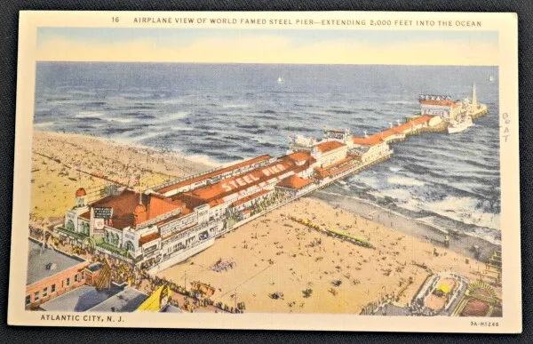 Aerial View Steel Pier Atlantic City NJ Postcard PC 1940s Airplane View Curteich