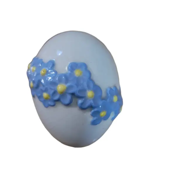 Signed VTG Hand-Painted Ceramic Easter Egg Shaped Trinket Box 3" Blue Daisies