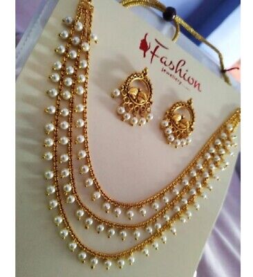 Latest South Indian Pearl Later Necklace Earrings Bollywood Ethnic Jewelry Set