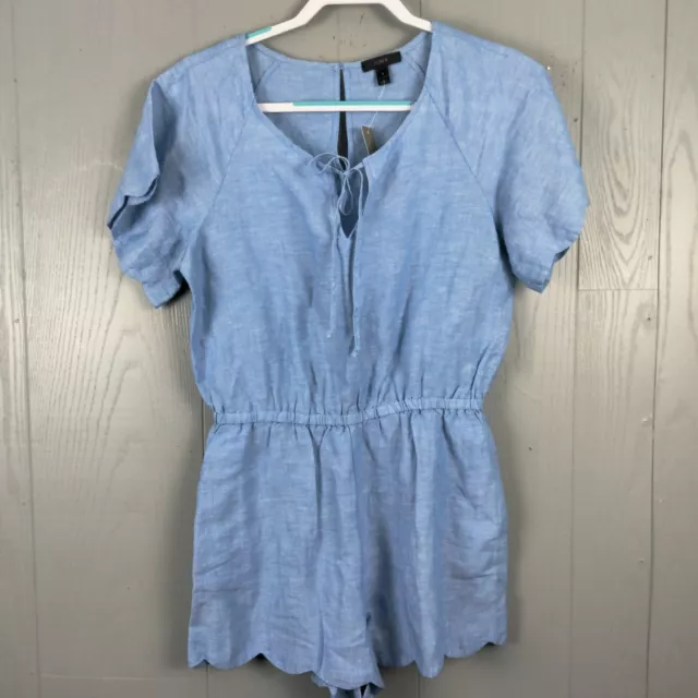 J Crew Black Label Linen Blend Romper Womens Small S Blue Scalloped NEW Stretch