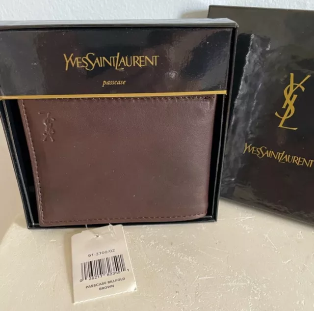 Yves Saint Laurent Brown Leather Bifold Wallet NIB VTG Embossed Box Never Used