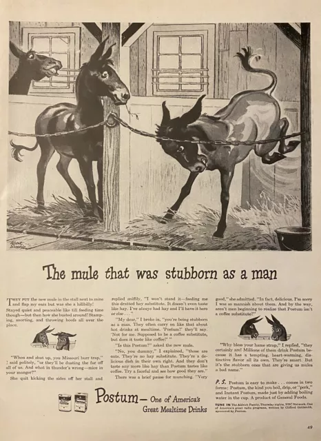 Vtg Print Ad '44 Postum Drink Vintage Mule Aldrich Family NBC Radio Retro Home