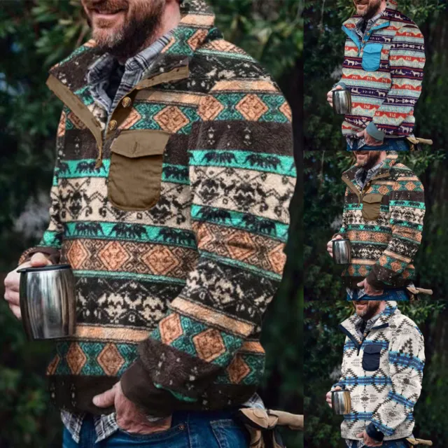 Men's Sherpa Half Zip Pullover Aztec Print Sweatshirt Fuzzy Fleece Jumper Tops