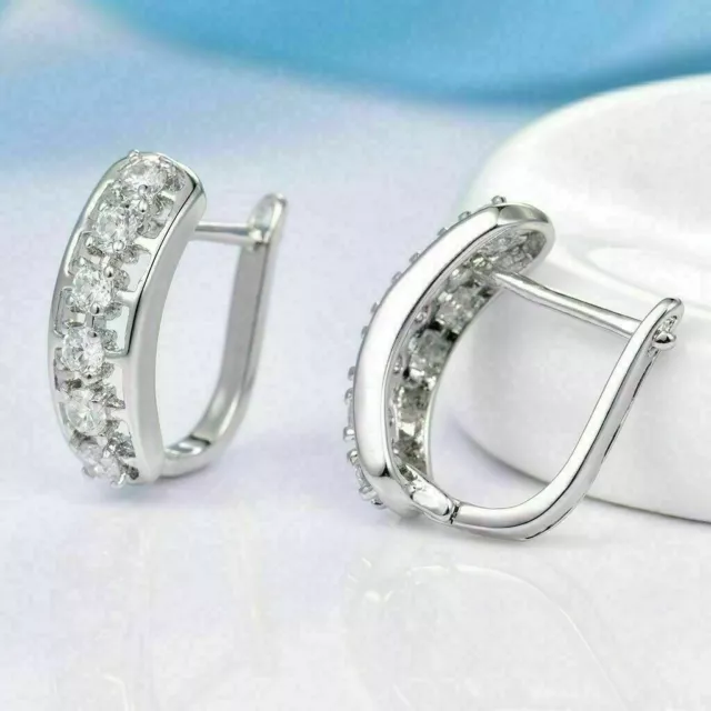 14K WHITE GOLD Plated 1 Ct Round Cut Simulated Diamond Hoop/Huggie Gift ...