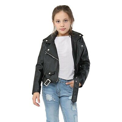 Girls Black Faux Leather Jacket Zip Up Outerwear Belted Coat For Children 5-13 Y