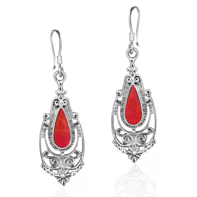 Victorian Style Teardrop Red Coral Inlay Sterling Silver Dangle Earrings