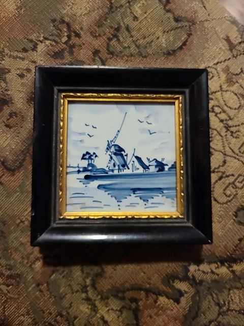 Vintage Early Delft Dutch Framed Tile Blue & White Hand Painted Black Gold Wood