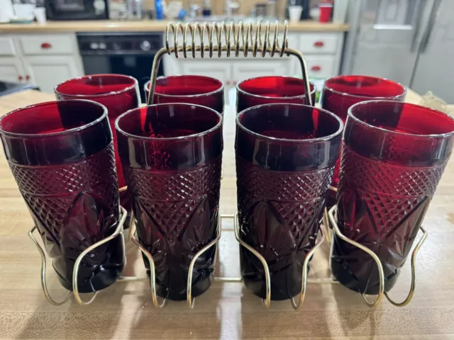 Set of 8 with Stand Cristal d'Arques Durand Antique Ruby Red Tumblers Glasses