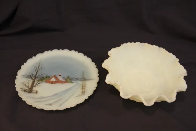 Lot of Vintage Fenton Custard Uranium Art Glass Ruffled Bowl Hand Painted Plate