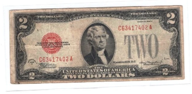 1928-D Two Dollar Bill With Red Seal U.S $2  -  L-2