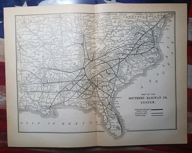 ~1898 ANTIQUE RAILROAD Map SOUTHERN RAILWAY SYSTEM Train Route All ...