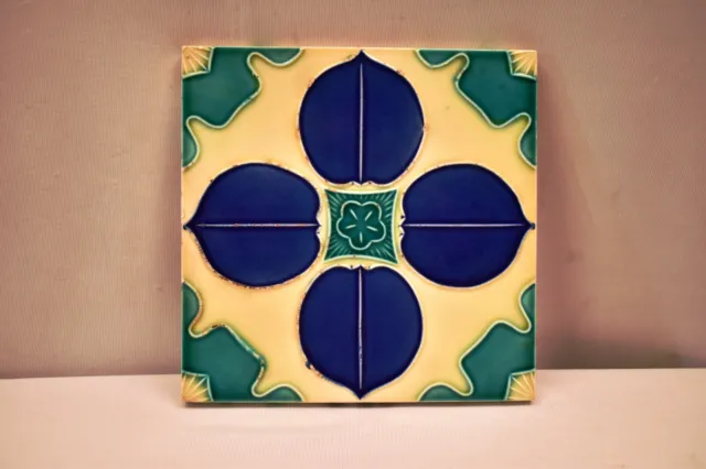 Vintage Japan Tile Majolica Art Nouveau Danto Kaisha Porcelain Blue Leaf Four"90 2
