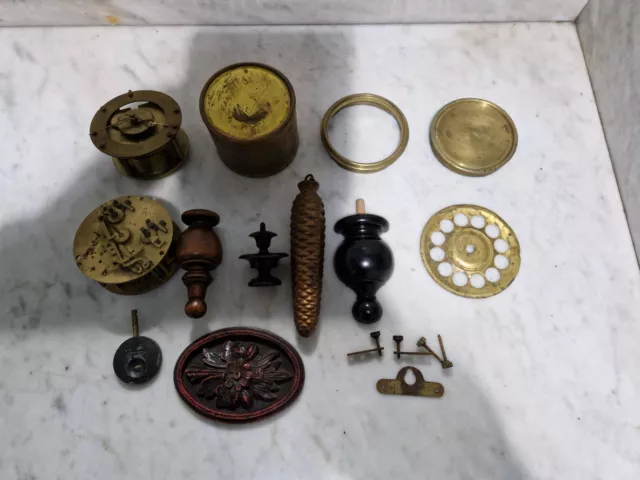 Job Lot Of Antique Clock Parts Finials Weight Pendulum Movements Ect