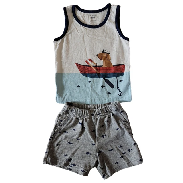 Carters Infant Boys Outfit Dog Fishing Tank Top Fish Shorts with Pockets Set