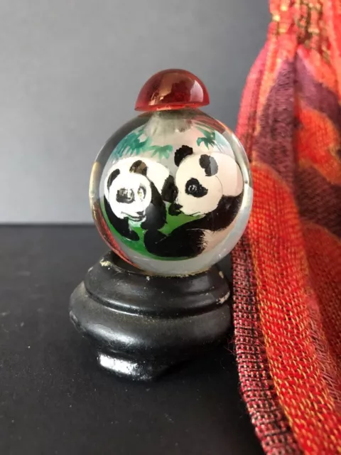 Old Chinese Glass Panda Snuff Bottle …beautifully painted on the inside