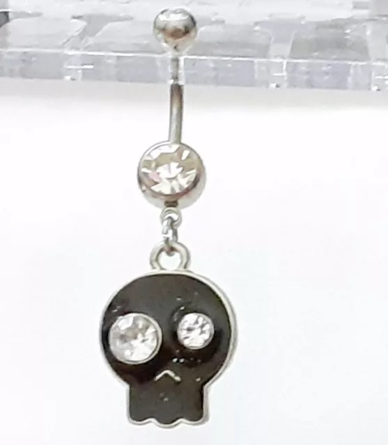 Belly Ring Skull Glittered w/Clear Gems Dangle Naval Steel Body Jewelry