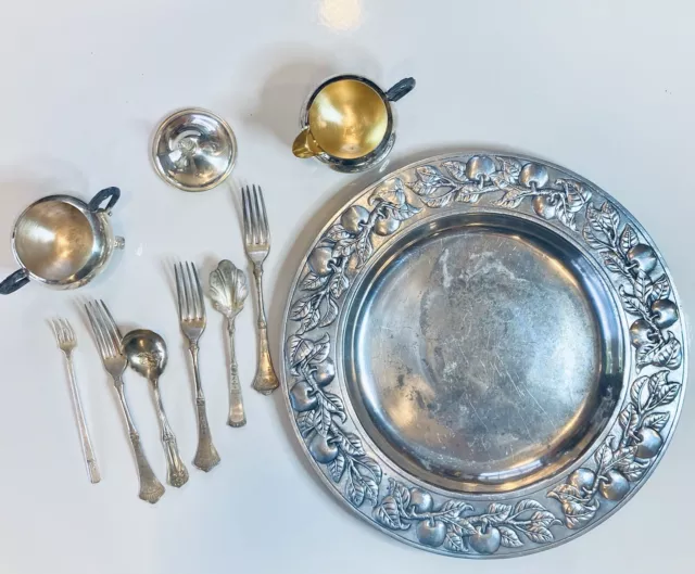 Mixed Lot Of 10 Silver Plate Vintage Sugar Bowl, Creamer, Lid, Silverware, Plate