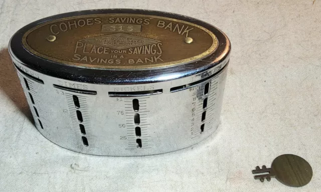 Antique Cohoes, New York Advertising Savings Bank All Brass Coin Bank With Key