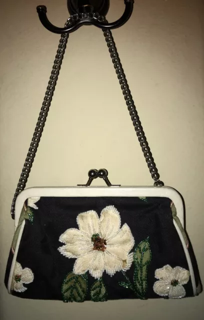 ISABELLA FIORE Beaded Fabric Floral Wristlet Purse Handbag W/ Chain Kiss Lock