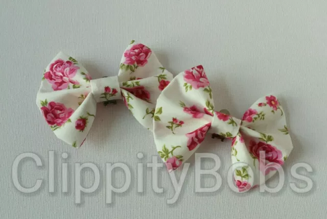 Pair Of Handmade Floral Pink Ditsy Flower Print Stripes Fabric Shoe Bows Clips