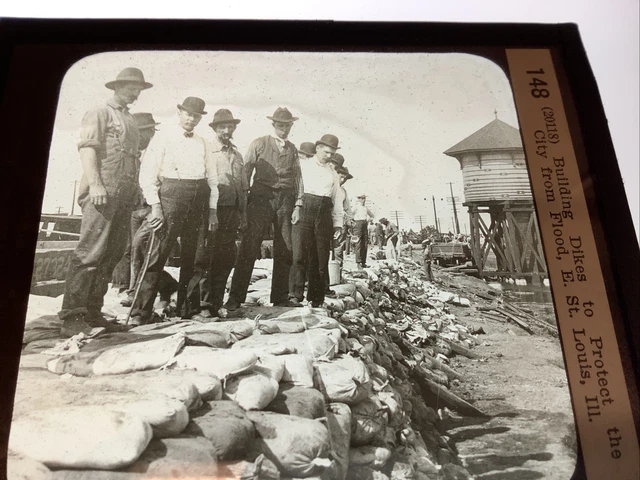 Glass Magic Lantern Slide Antique Photo Building Sand Bag Dikes St Louis Flood
