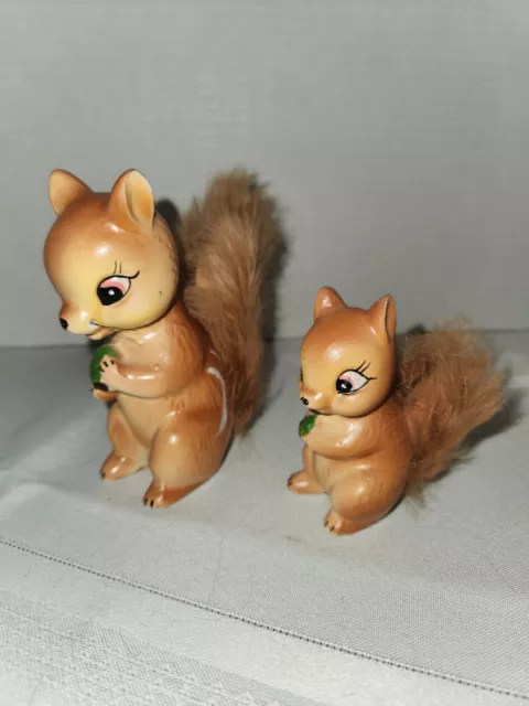 Set of 2 Vintage Enesco Japan Ceramic Squirrels with Fur Tails - Figurines