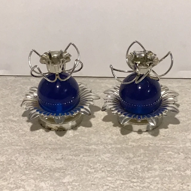 Blue Lucite Ball Candle Holders Silver Tone Metal Accents Pair