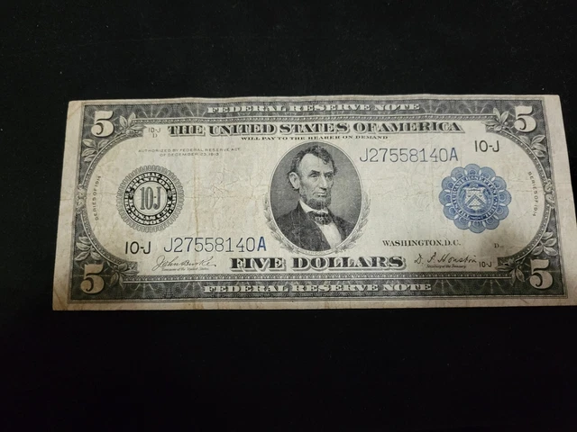 $5 1914 Kansas City Federal Reserve Large Bank Note - Blue Seal -