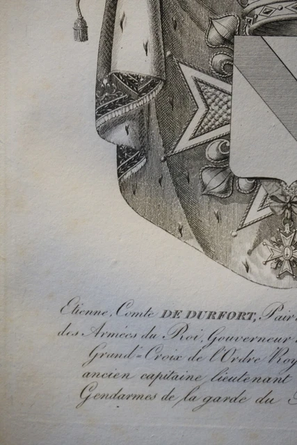 GRAVURE BLASON HERALDIQUE Comte De Durfort Armoiries Restauration 1815 